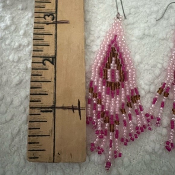 Pink Beaded Fringe Tassel Earrings • Multicolor Boho Tribal Dangle - Picture 4 of 4